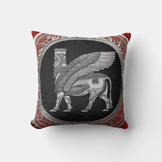 [300] Assyrian Winged Bull - Silver Lamassu Cushion (Front)
