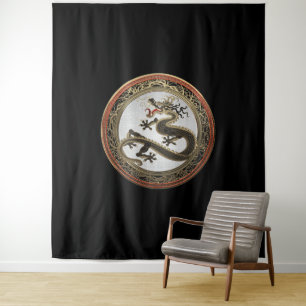 [300] Black and Gold Sacred Eastern Dragon Tapestry