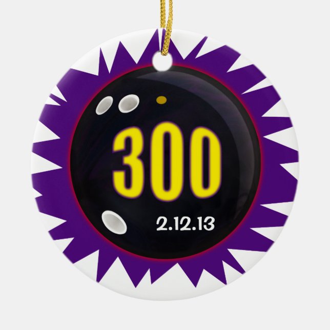 300 Game Bowling with Date, Ceramic Tree Decoration (Front)
