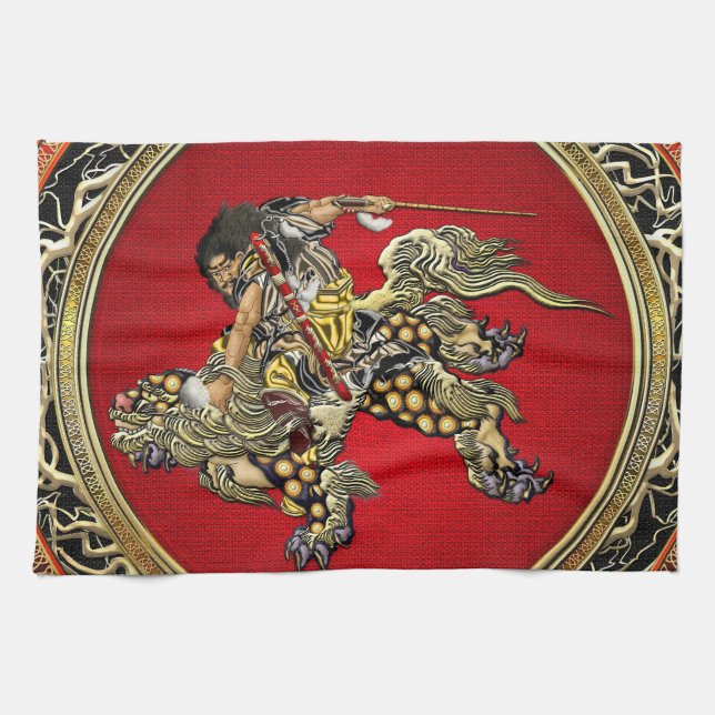 [300] Hokusai - Shoki Riding Shishi Lion Tea Towel (Horizontal)