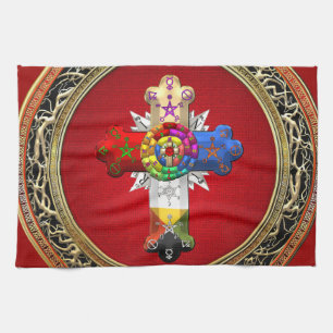 [300] Rosy Cross (Rose Croix) on Red & Gold Tea Towel