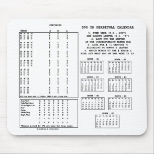 300 Year Perpetual Calendar (Day Of The Week) Mouse Mat