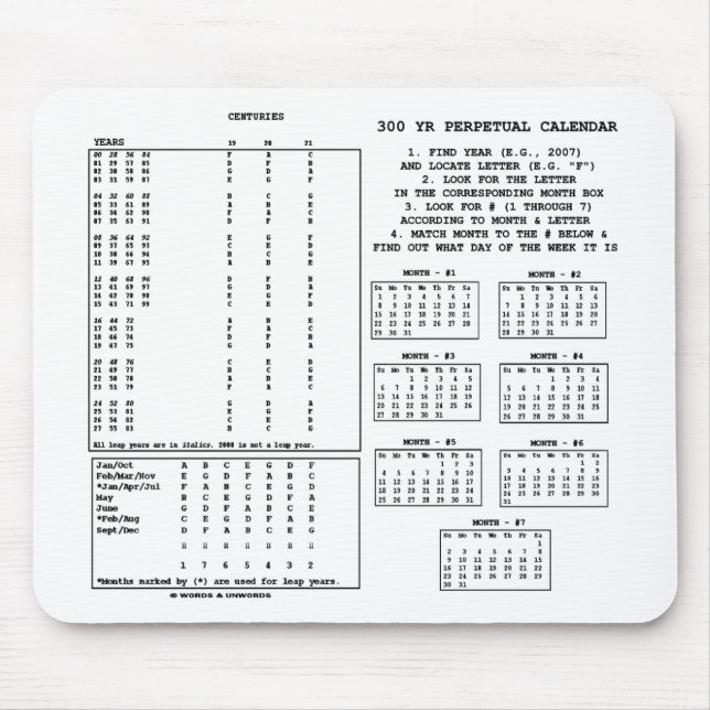 300 Year Perpetual Calendar (Day Of The Week) Mouse Mat (Front)