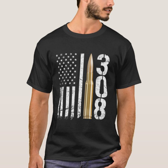 308 Gun Ammo Bullet 308 Calibre Rifle Usa Flag T-Shirt (Front)