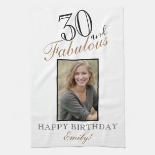 30 and Fabulous Elegant 30th Birthday Photo Tea Towel