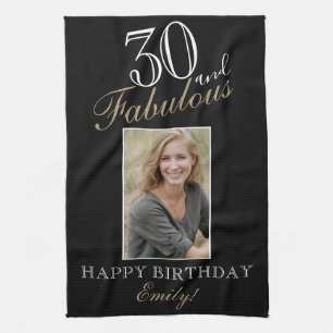30 and Fabulous Elegant 30th Birthday Photo Tea Towel