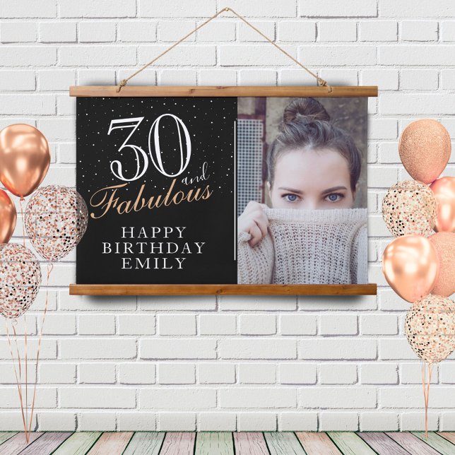 30 and Fabulous Elegant Black 30th Birthday Photo  Hanging Tapestry (Creator Uploaded)