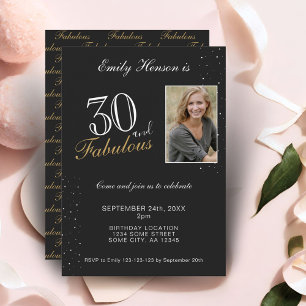 30 and Fabulous Elegant Black Photo Birthday  Invitation