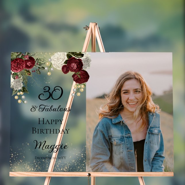 30 and Fabulous Glam Rose Floral Birthday Party Acrylic Sign (Neutral)