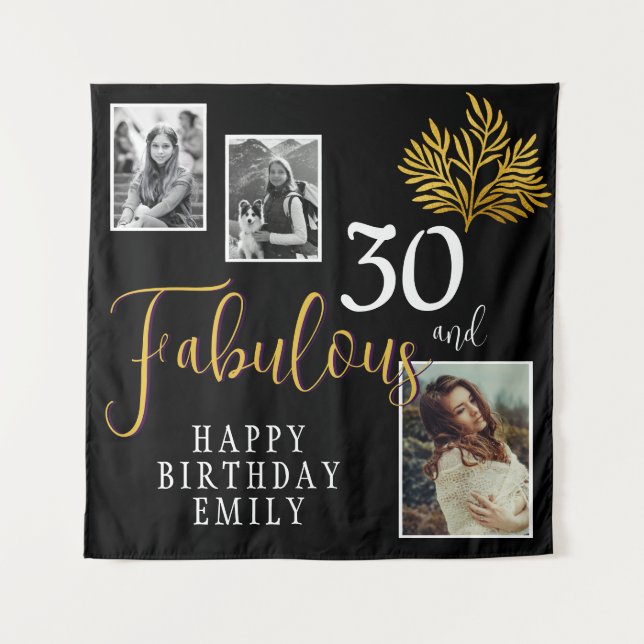 30 and Fabulous Gold Foliage 3 Photo Birthday  Tapestry (Front)