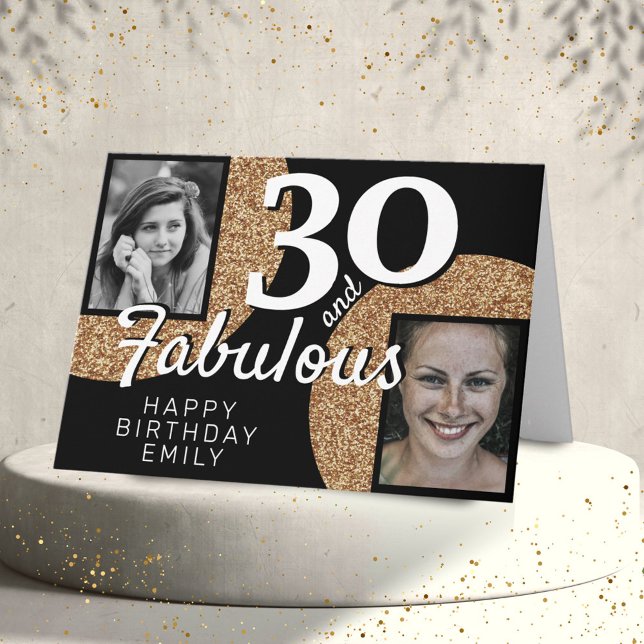 30 and Fabulous Gold Glitter 2 Photo 30th Birthday Card (Creator Uploaded)