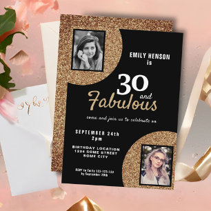 30 and Fabulous Gold Glitter 2 Photo 30th Birthday Invitation