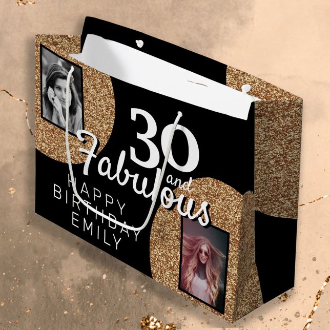 30 and Fabulous Gold Glitter 2 Photo 30th Birthday Large Gift Bag (Creator Uploaded)