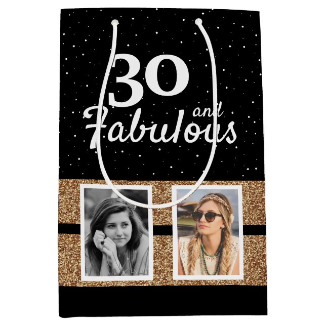 30 and Fabulous Gold Glitter 2 Photo 30th Birthday Medium Gift Bag (Front)