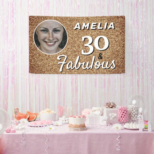 30 and Fabulous Gold Glitter 30th Birthday Photo Banner (Party)