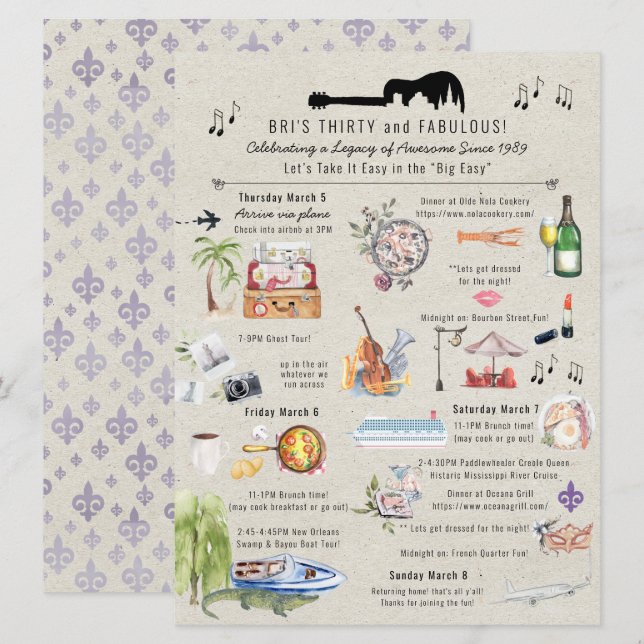 30 and Fabulous | New Orleans Birthday Itinerary Invitation (Front/Back)