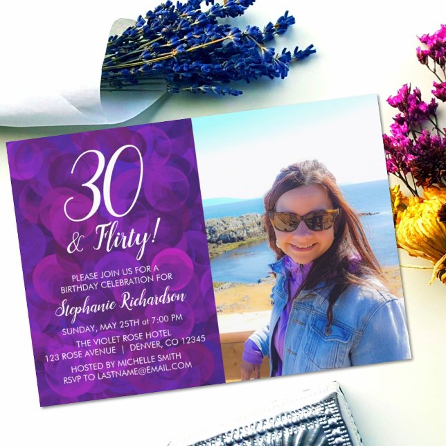 30 and Flirty Elegant Purple Photo Birthday Invitation (Creator Uploaded)