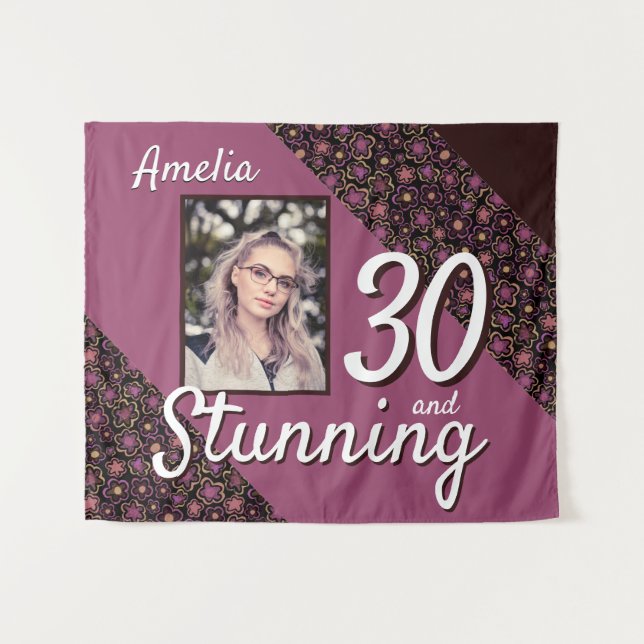 30 and Stunning Flower 30th Birthday Photo  Tapestry (Front (Horizontal))