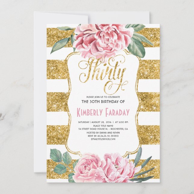 30 Birthday Party - Floral Gold - Glam Invitation (Front)