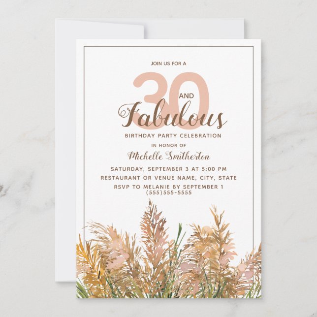 30 Fabulous Pampas Grass on White Birthday Invitation (Front)