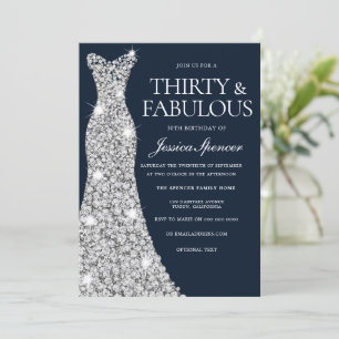 30 & Fabulous!! Silver Diamond Gown 30th Birthday Invitation