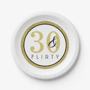 30 & Flirty Gold Black 30th Birthday Party Paper Plate