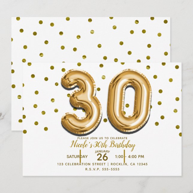30 Gold Balloons & Confetti 30th Birthday Party Invitation (Front/Back)