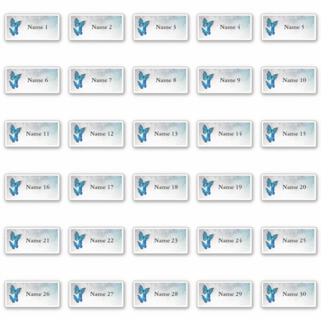 30 Individual Guest Names Blue Butterfly Stickers (Front)