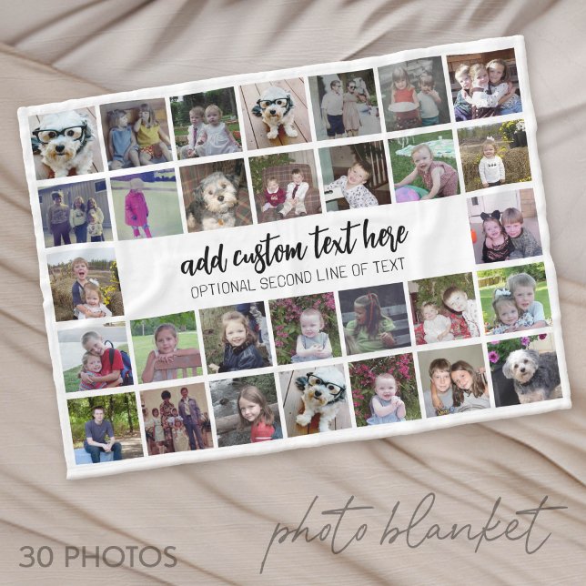 30 Photo Collage Grid - 2 Text boxes - black white Fleece Blanket (Photo Blanket - Custom Pictures in a Collage)