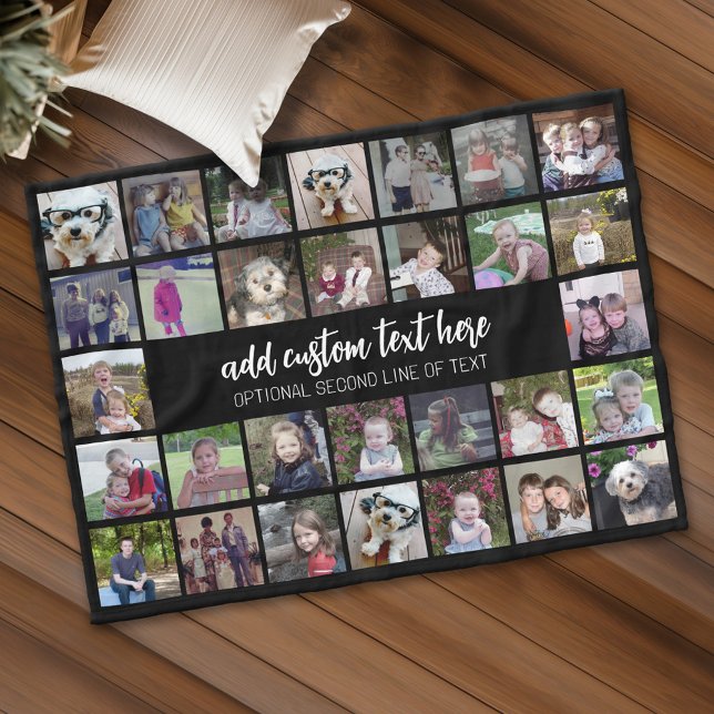 30 Photo Collage Grid - 2 Text boxes - black white Fleece Blanket (Personalized fleece blanket with 30 photos and custom text)
