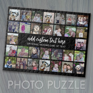30 Photo Collage Grid - 2 Text boxes - black white Jigsaw Puzzle