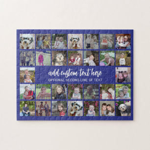 30 Photo Collage Grid - 2 Text boxes - blue white Jigsaw Puzzle