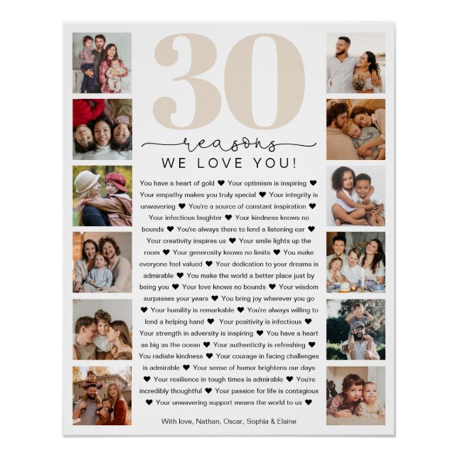 30 Reasons We Love You Birthday Keepsake Gift Poster (Front)