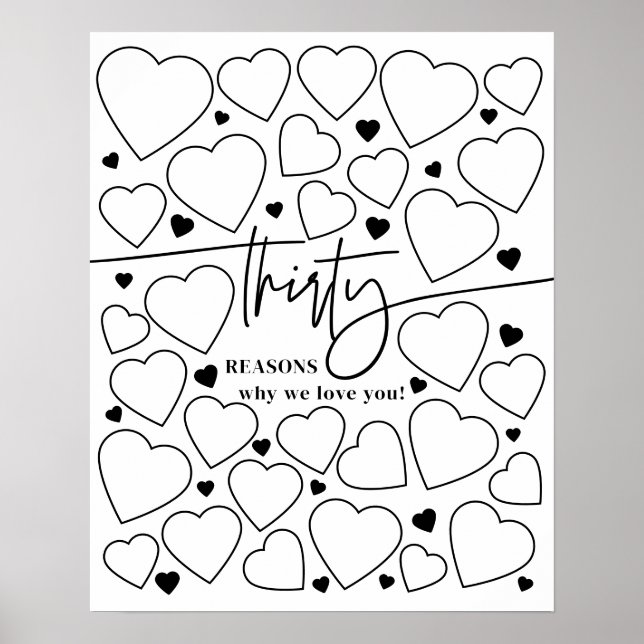 30 Reasons We Love You Hearts Birthday Keepsake Poster (Front)