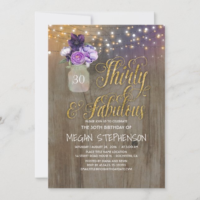30 Rustic Birthday - Purple Flowers Mason Jar Gold Invitation (Front)
