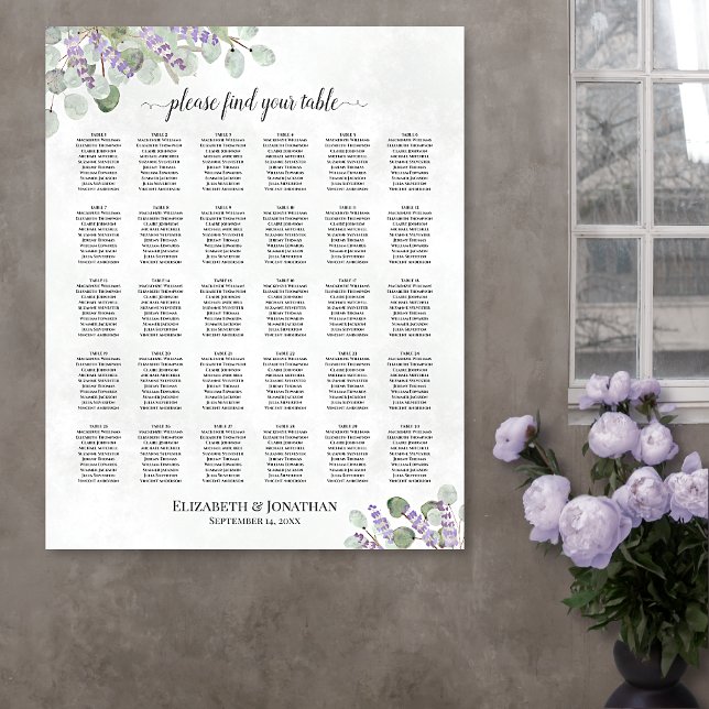 30 Table Lavender Eucalyptus Wedding Seating Chart (In Situ on Wall with Flowers)