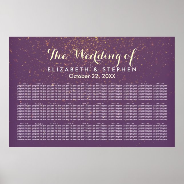 30 Table Purple Gold Glitter Wedding Seating Chart (Front)