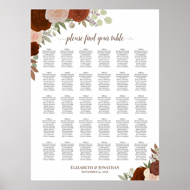 30 Table Rustic Fall Roses Wedding Seating Chart (Front)
