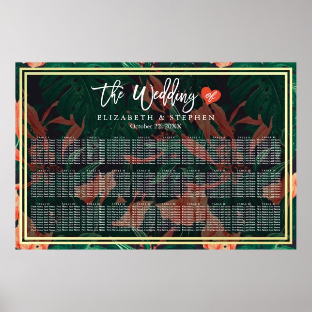 30 Tables Seating Chart Tropical Floral Gold Frame (Front)