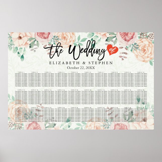 30+ Tables Watercolor Floral Wedding Seating Chart (Front)
