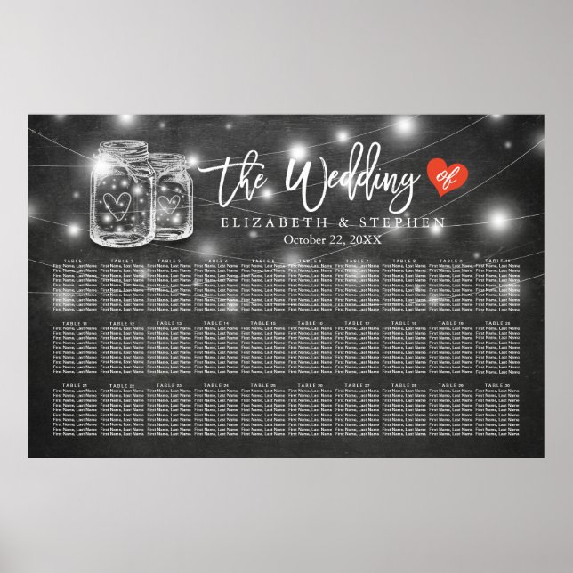 30+ Tables Wedding Seating Chart  Mason Jar Lights (Front)