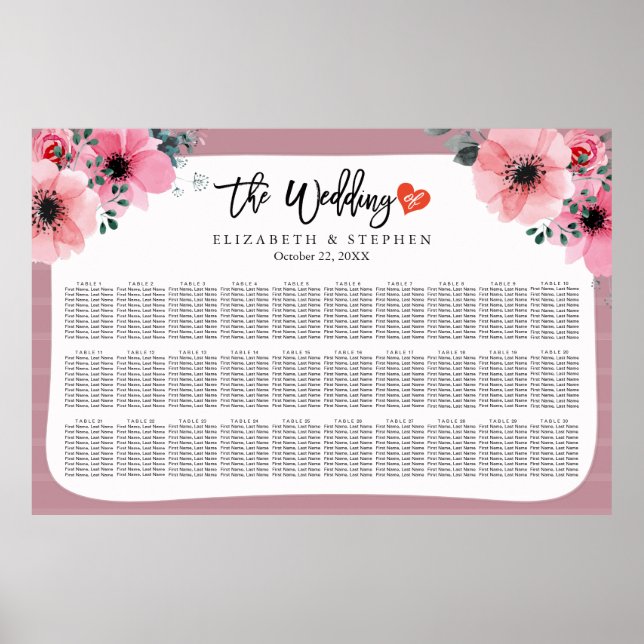 30 Tables Wedding Seating Chart Watercolor Floral (Front)