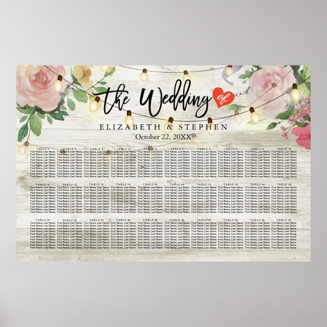 30+ Tables Wood Floral String Lights Seating Chart (Front)