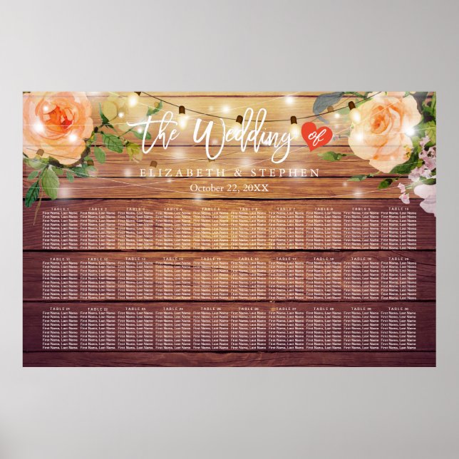 30+ Tables Wood Floral String Lights Seating Chart (Front)