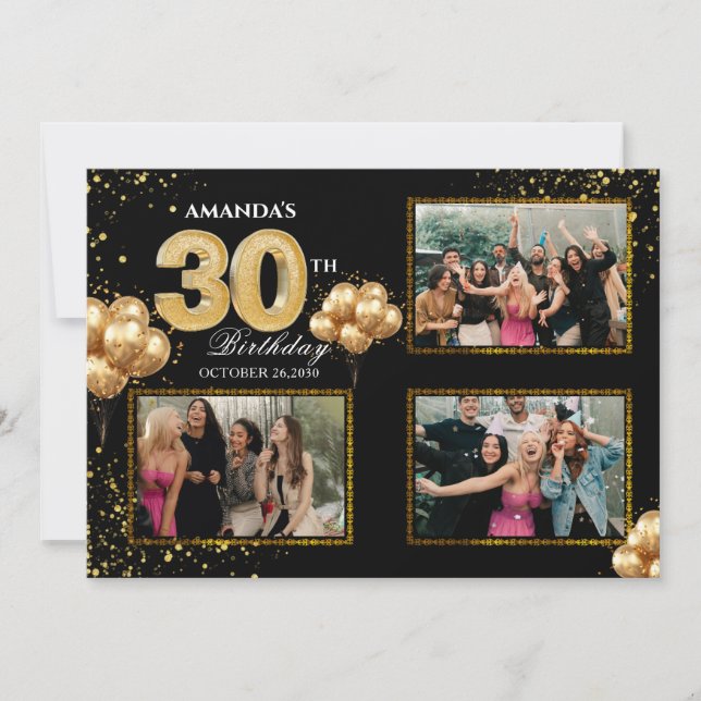 30 th Birthday Gold Silver Black Balloons Invitation (Front)