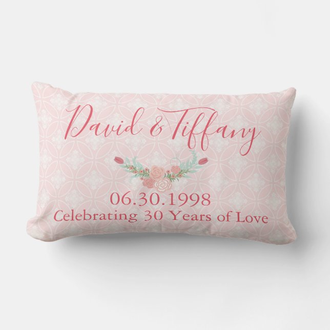 30 Year Wedding Anniversary Pink Floral Lumbar Cushion (Front)