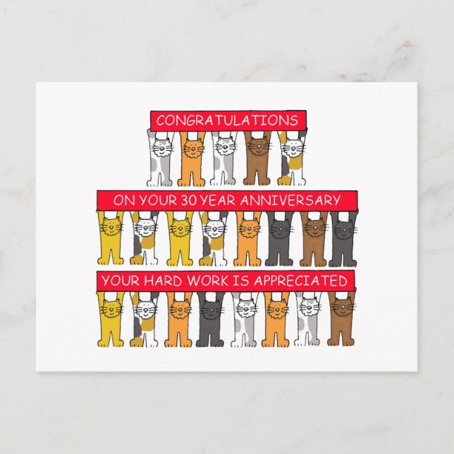 30 Year Work Anniversary Congratulations Cute Cats Postcard (Front)