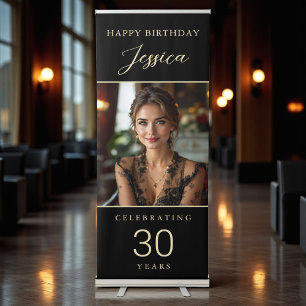 30 Years Birthday Black & Gold Photo Retractable Banner