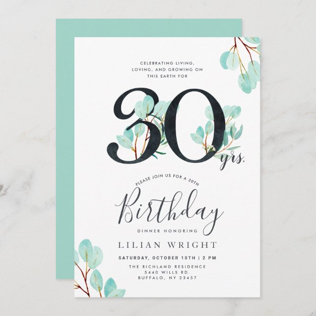 30 Years Growing | 30th Birthday | Eucalyptus Invitation (Front/Back)