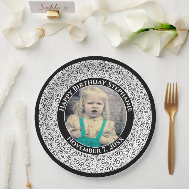 30 Your Photo Random Number Pattern Black/White Paper Plate (Wedding)